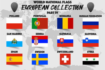 Set of realistic official world national flags, waving edition. isolated on map background. Objects, icons and symbol for logo, design. European Collection. Poland, Romania, Russia, Serbia