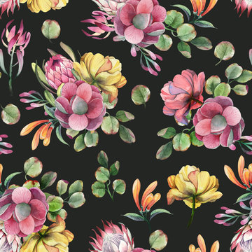 Watercolor seamless pattern, bouquet of green leaves, yellow and red tropic flowers on dark background.