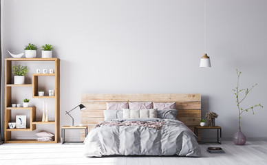 Wooden bedroom interior in beige and baby pink colour on light background