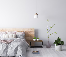 Cozy wooden bedroom in warm colors with gray painting, a wooden headboard, a vase and green plant. Front view