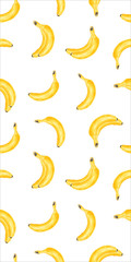 Fototapeta na wymiar Watercolor seamless pattern of bananas on white background. For wallpaper, wrapping paper, kitchen interiors.