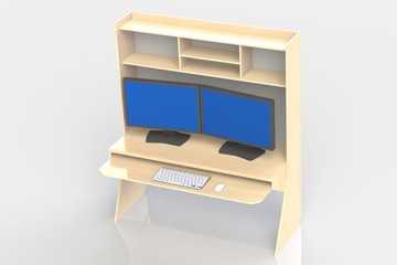 Computer table. 3D render of the workplace for the designer and constructor.