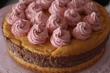 Colorful birthday cake with chocolate and pink cream toppings