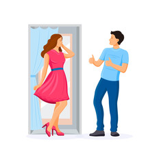 Girl with young man, choosing and trying dress clothes.