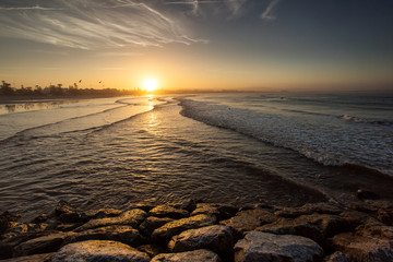 Sightseeing of Morocco. Beautiful sunset in Essaouira port.