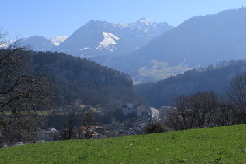 Naklejka premium Medieval Schattenburg Castle with Alp mountains in the background in Feldkirch, Vorarberg, Austria.