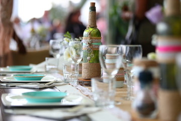 beautiful wine glasses on a set dinner table