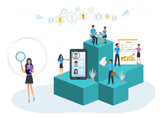 Vector illustration, recruitment, human resources management, hiring employee. Career planning and development. Hr managers searching new candidate for job. Teamwork on performance. Recruitment agency