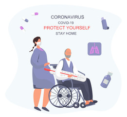Coronavirus and Pensioner on  Wheelchair in Hospital.Keeping Distance for Decrease Infection Risk For Prevent Virus Covid-19.Stay Home on Quarantine During the Coronavirus Epidemic.Vector Illustration
