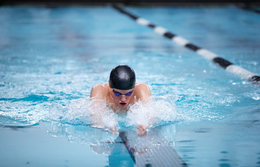 Young male swimmer swims the breaststroke in a competition - obrazy, fototapety, plakaty