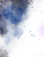 Watercolor painted background with blots and splatters. Brush stroked painting. 2D Illustration.