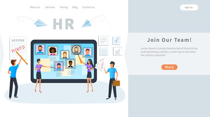 Vector concept of online recruitment, job interview. Business recruiting. Human resources manager searching for candidate CV to hire, select a resume process. Hiring employees, recruitment agency