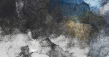 Watercolor painted background with blots and splatters. Brush stroked painting. 2D Illustration.