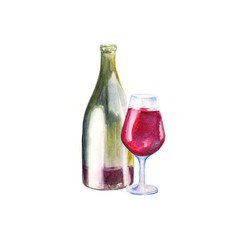 watercolor red wine in a glass isolated on white background  hand drawn illustration with wine bottle