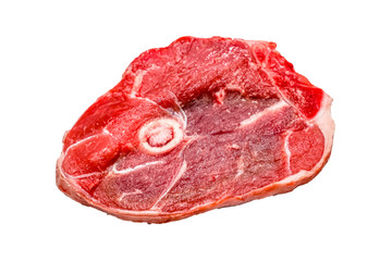 A leg of lamb cut into steaks lies on a white background. Isolated.