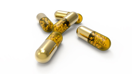 3d golden capsules render. Anti Covid-19