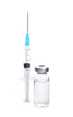 Vial and syringe on white background. Vaccination and immunization