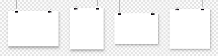 White blank poster template hanging on wall. Paper banner mockup. Vector