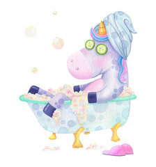 Funny unicorn takes bath watercolor illustration for print or postcard © ekkoss