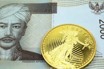 A macro image of a grey 2000 rupiah bank note from Indonesia with a gold coin.  Shot close up.