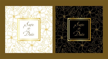 Golden Vector invitation with handmade floral rose elements. Modern Wedding Collection. Gold, a premium invitation to the feast. roses vector 