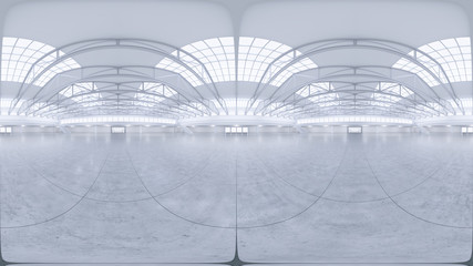 Full spherical hdri panorama 360 degrees of empty exhibition space. backdrop for exhibitions and events. Tile floor. Marketing mock up. 3D render illustration
