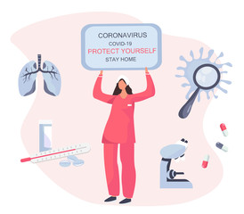 Stay Home Stay Safe. Microscope,Doctor,Lungs.Keeping Distance for Decrease Infection Risk For Prevent Virus Covid-19. Stay Home on Quarantine During the Coronavirus Epidemic.Vector Illustration