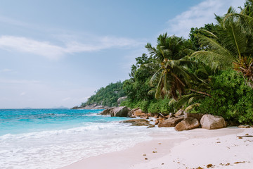 Stunning tropical beach at Seychelles, giant granit rocks on the beachs, Praslin Island Seychelles...