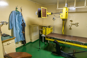 Mobile old operating room on the ship. Emergency medical care