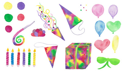 Fototapeta na wymiar Birthday clip art watercolor banner, balloons, confetti, birthday candles, postcard, invitation card