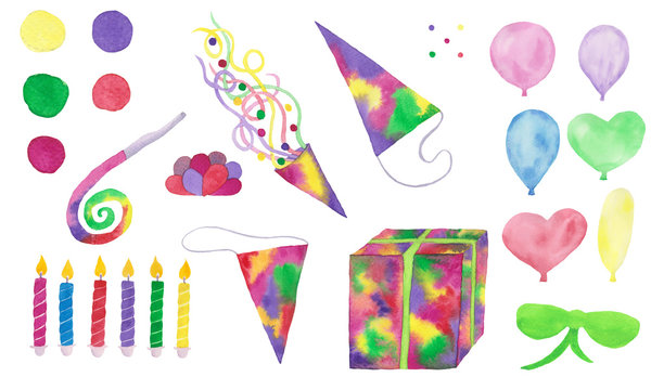 Birthday clip art watercolor banner, balloons, confetti,  birthday candles, postcard, invitation card