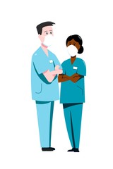 A doctor and a nurse in uniform are standing nearby. Flat vector characters.
