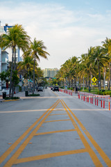 Fototapeta na wymiar Middle of street photo Miami Beach Ocean Drive Coronavirus Covid 19 shut down quarantine