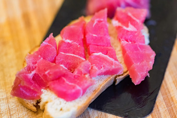 Close up view of slices of fresh tuna fillet