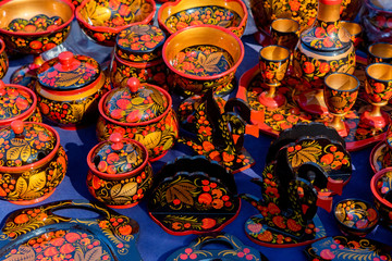 Famous Russian souvenir wooden tableware made in Khokhloma