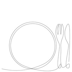 Fork and knife near plate line drawing. Vector illustration