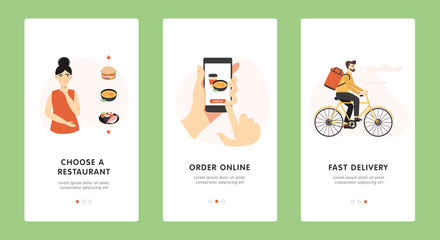 Order online food onboarding mobile app screens, banner template design. Vector flat cartoon illustration