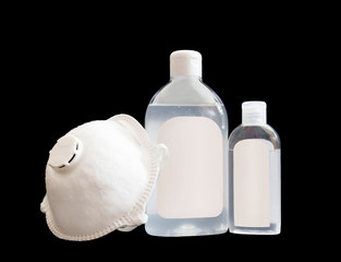 Hydroalcoholic gel on black background. Protect the hands of contamination, viruses, flu and...
