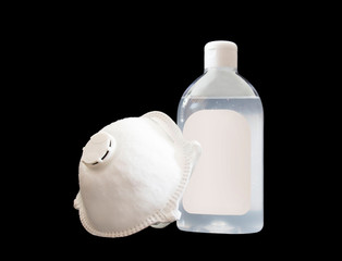 Hydroalcoholic gel on black background. Protect the hands of contamination, viruses, flu and...
