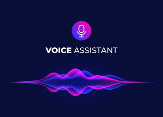 Voice assistant concept page. Personal mobile voice recognition, abstract sound waves. Microphone icon and neon music equalizer. Smart home ui element. Speaking waveform, vector flow.
