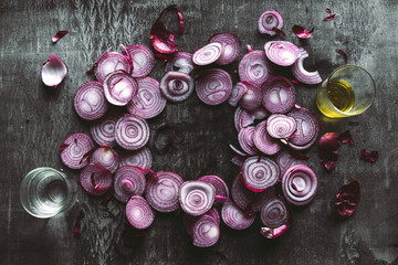close up of sliced red onion, intended as a background image