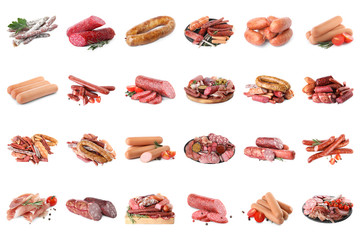 Set with different tasty sausages on white background