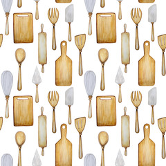 Hand drawn Wooden Kitchen tools seamless pattern. Accessories for baking watercolor fabric texture illustration. Cooking time poster, banner concept. Spoon, spatula, fork, rolling pin, knife, board.