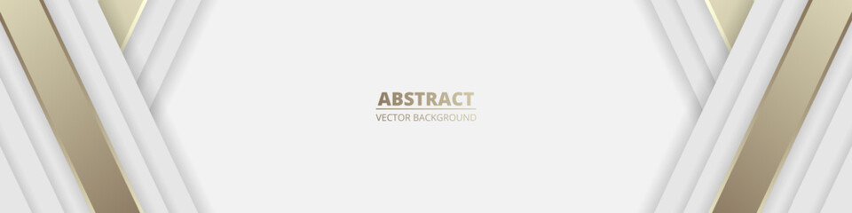 White wide luxury abstract background with golden lines and shadows. Modern light wide banner with golden luminous lines. Futuristic abstract backdrop. Vector illustration EPS 10. - obrazy, fototapety, plakaty