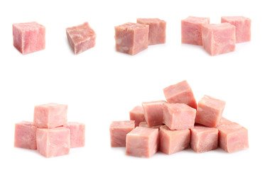 Set of tasty hams cubes on white background © New Africa