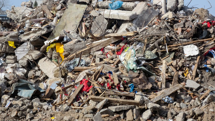Close up landfill of garbage and construction waste.