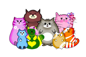 Group of kawaii cats on a white background