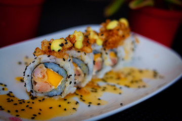 Inverted sushi with topping (rice)