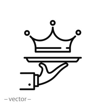 exclusive service icon, premium class offer, vip privilege, crown on a tray, thin line web symbol on white background - editable stroke vector illustration eps10