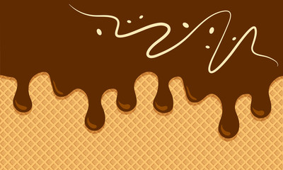 Chocolate waffle background with ice cream flowing down, wafer textured. Vector illustration